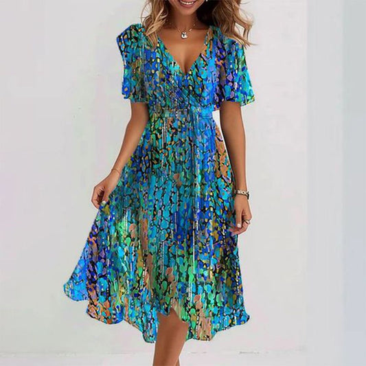 Clara - Blaues Kurzärmeliges Midikleid