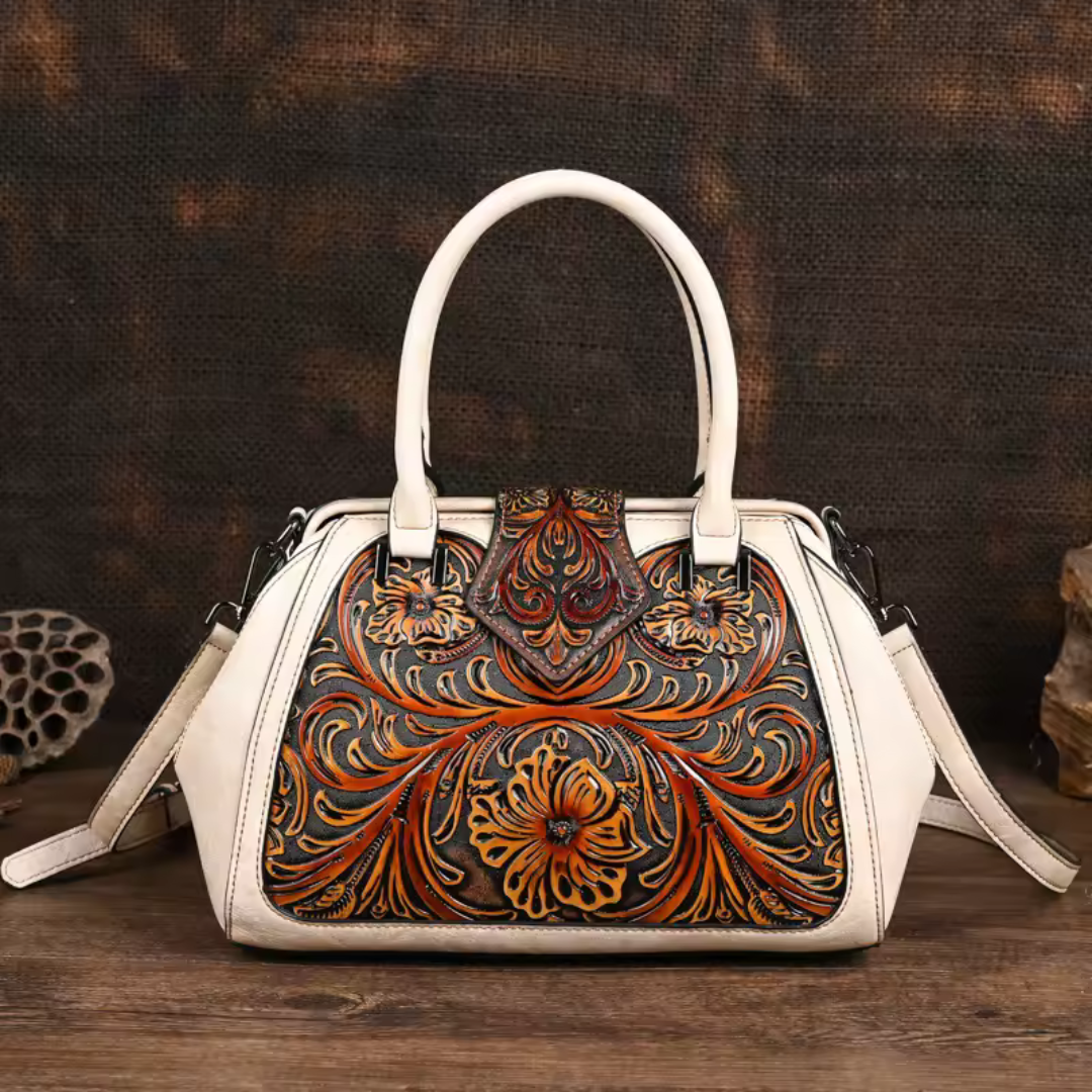 Florina - Handtasche aus Leder mit Gravur und floralem Muster