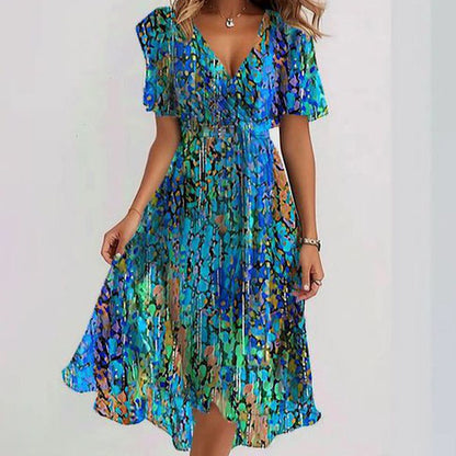 Clara - Blaues Kurzärmeliges Midikleid